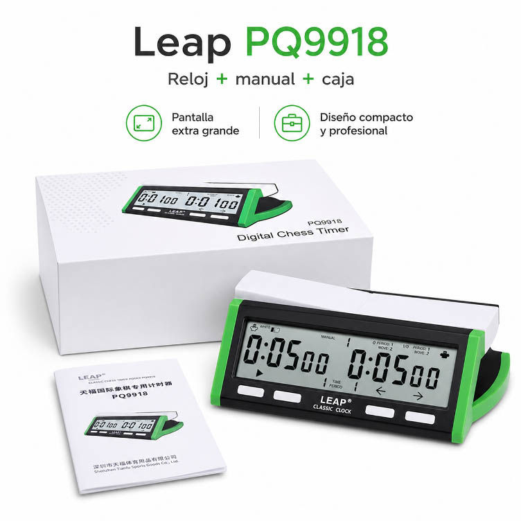 Reloj digital LEAP PQ9918 con manual y caja, pantalla extra grande y diseño compacto profesional.