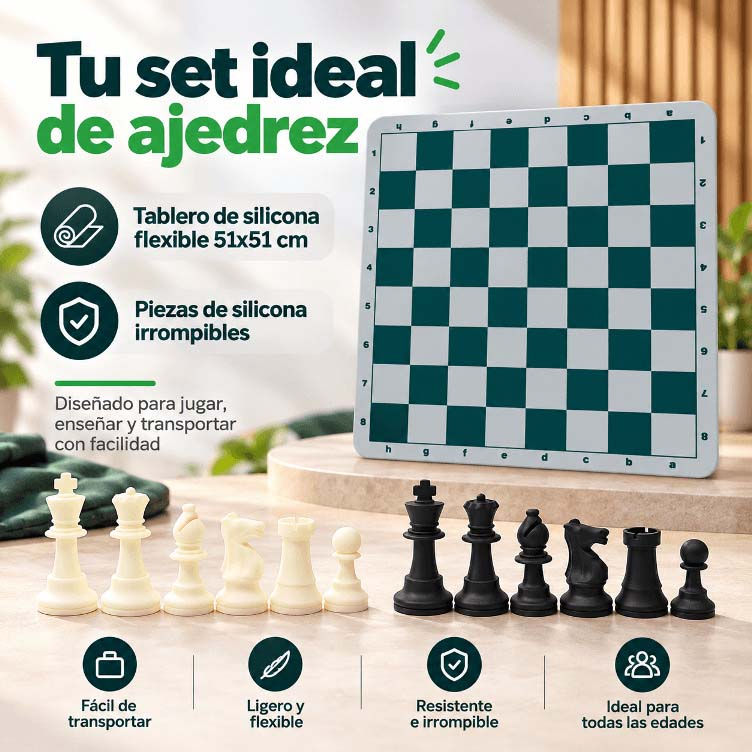 Juego de ajedrez de silicona con tablero verde flexible de 51 x 51 cm y piezas blancas y negras irrompibles