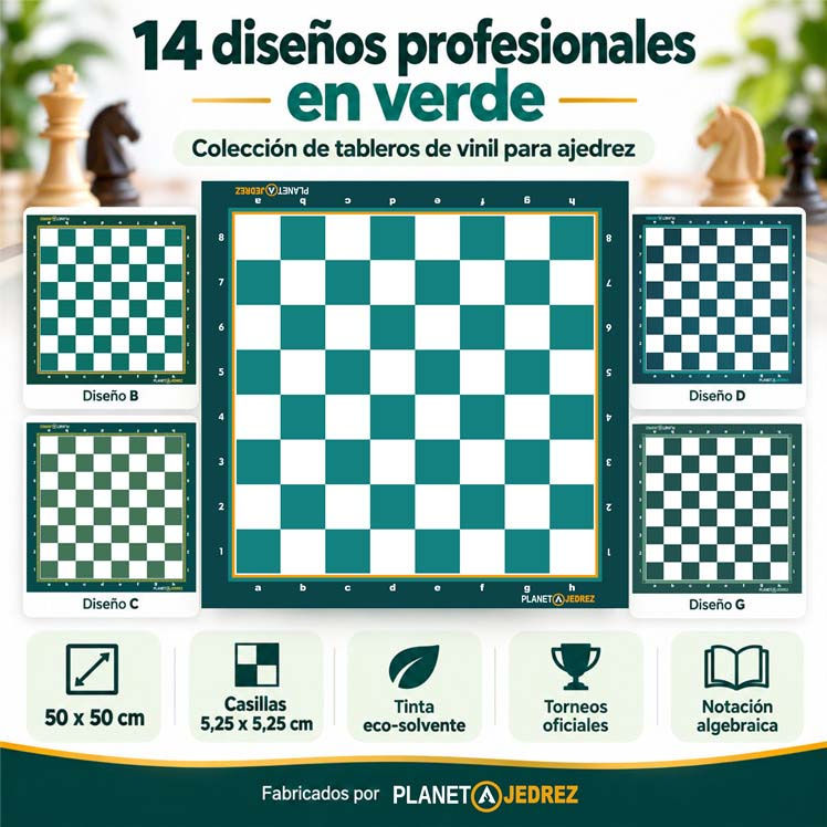 Colección de 14 tableros de ajedrez Premium verdes de vinil fabricados por PLANETAJEDREZ en Costa Rica