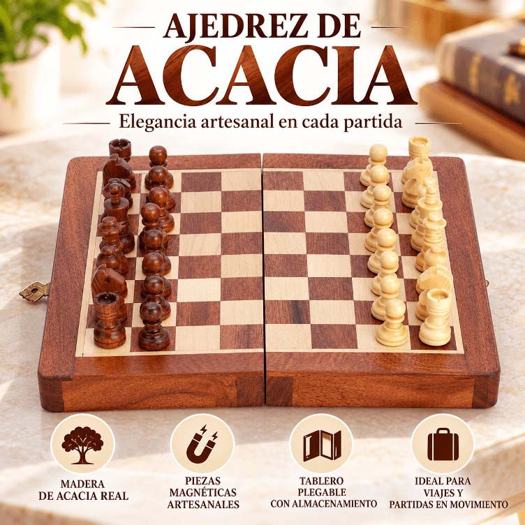 Juego de ajedrez magnético Ajuny de madera de acacia con tablero plegable y piezas claras y oscuras