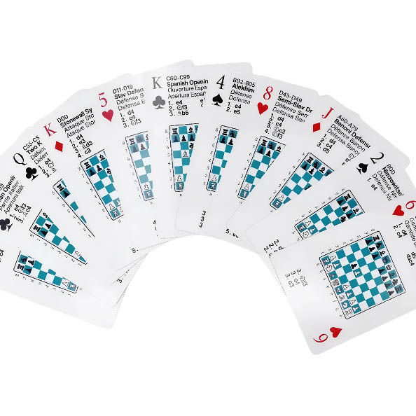Miniatura: Naipes de aperturas en abanico mostrando diferentes posiciones de apertura y nombres en tres idiomas.