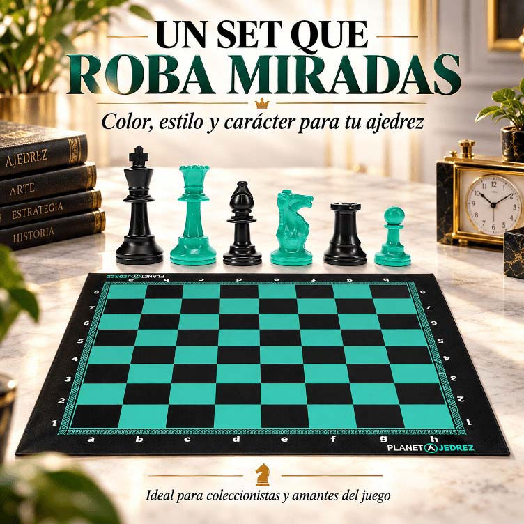 Juego de ajedrez negro y verde con piezas Staunton y tablero premium coordinado de PLANETAJEDREZ