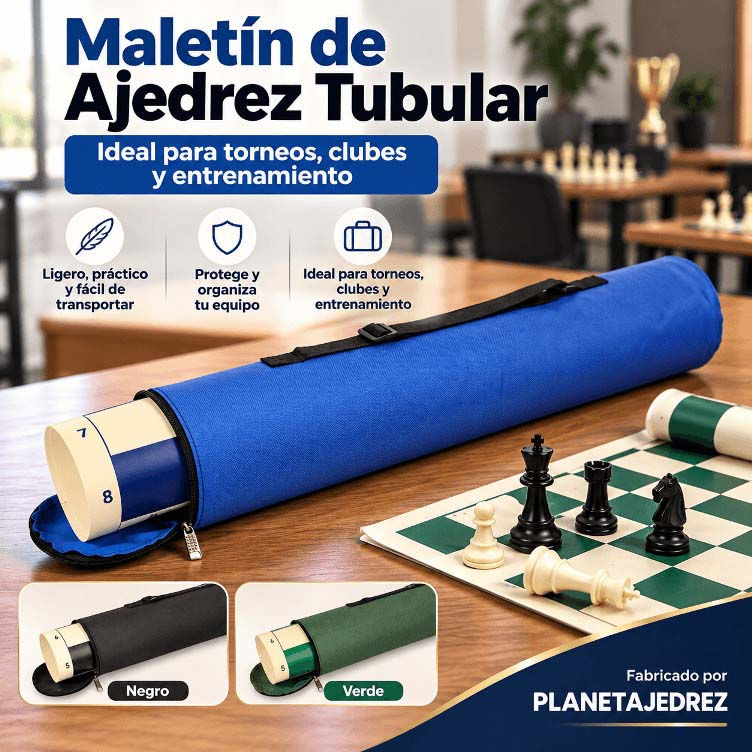 Maletín tubular azul rey para tablero enrollable y piezas de ajedrez
