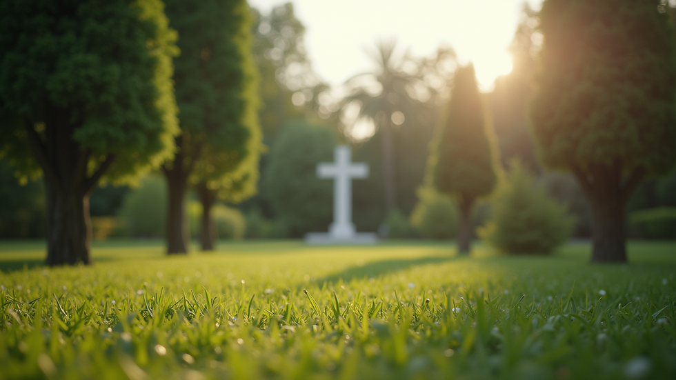 Eye-level view of a serene garden with a cross in the background