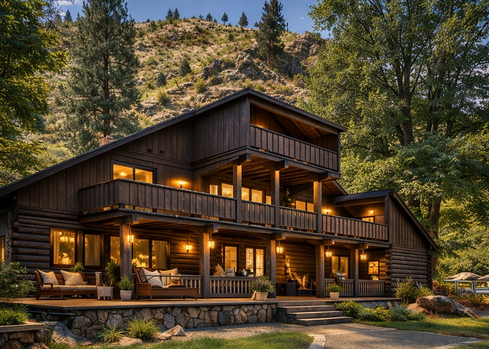 Rustic lodge at Riggins Hot Springs near a forest hill.