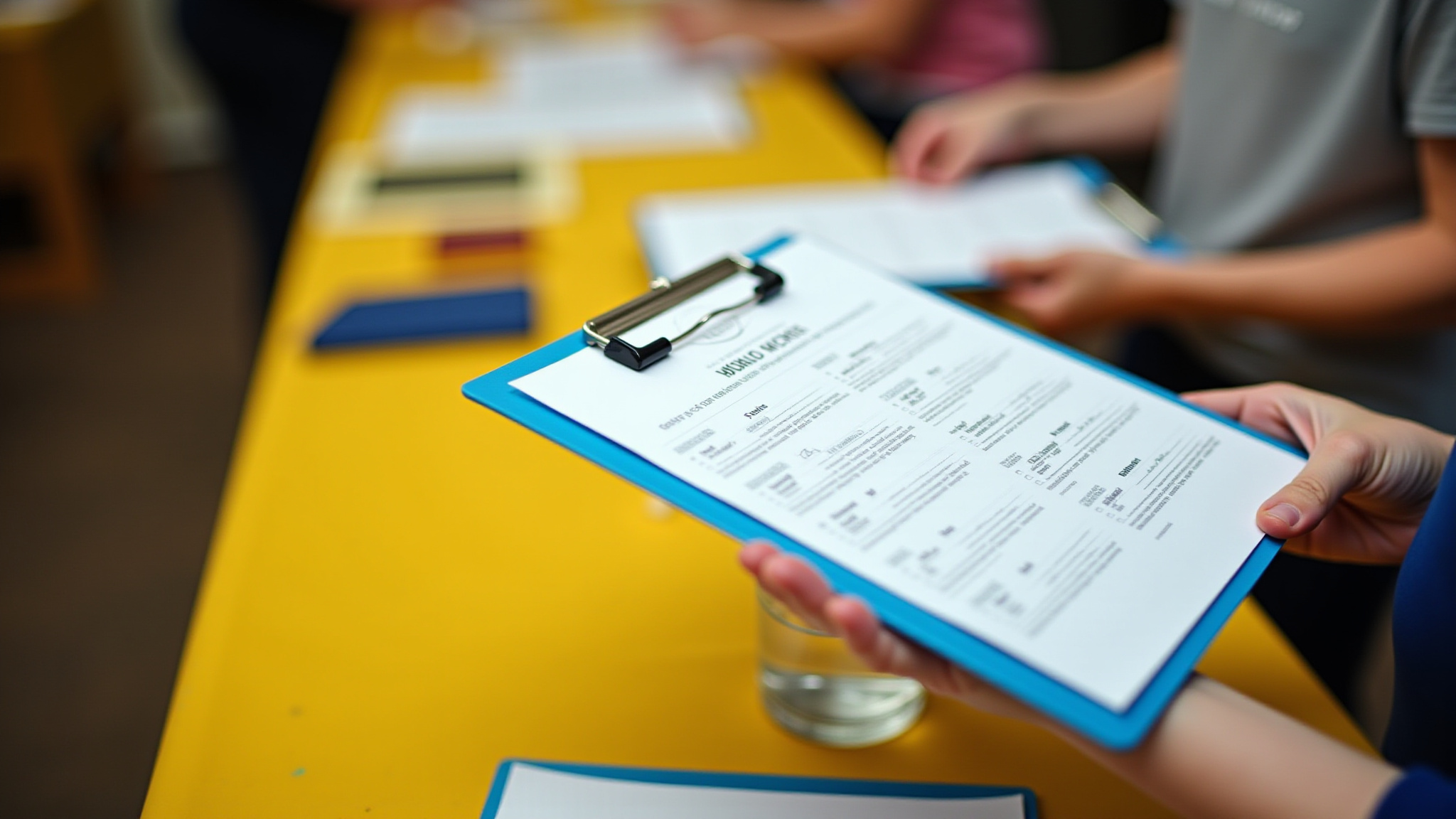 Person holding a form on a clip board