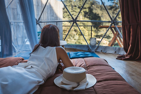 Travel vacation glamping concept, Happy traveler asian woman relax inside a luxury camping