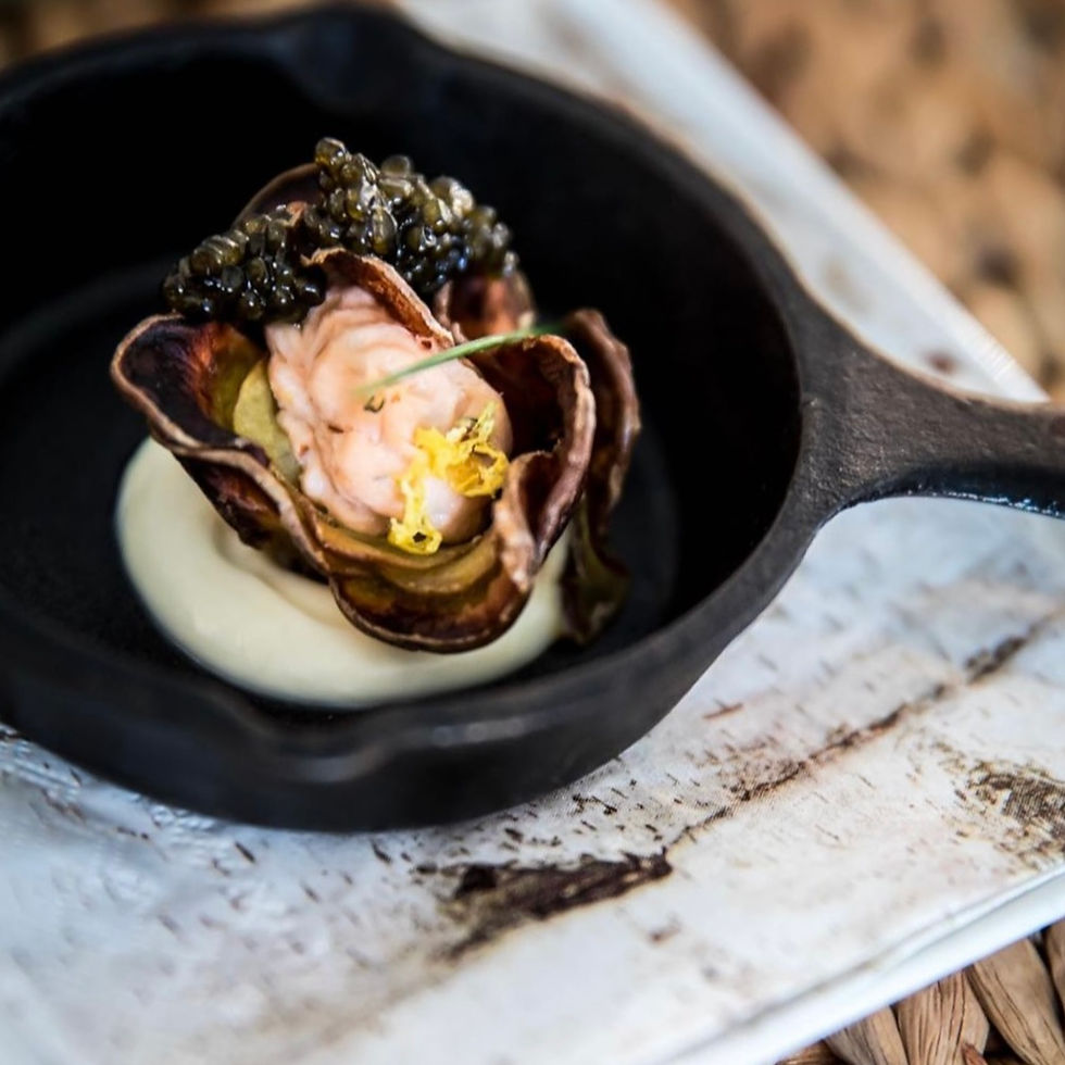 Purple Potato Rose with Smoke Salmon Mousse • Osetra Caviar • Lemon Creme Fraiche