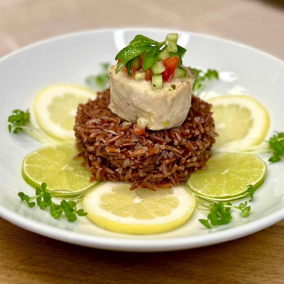 Citrus Butter Amberjack Medallion with Cucumber Tomato Tarragon relish & Red Rice