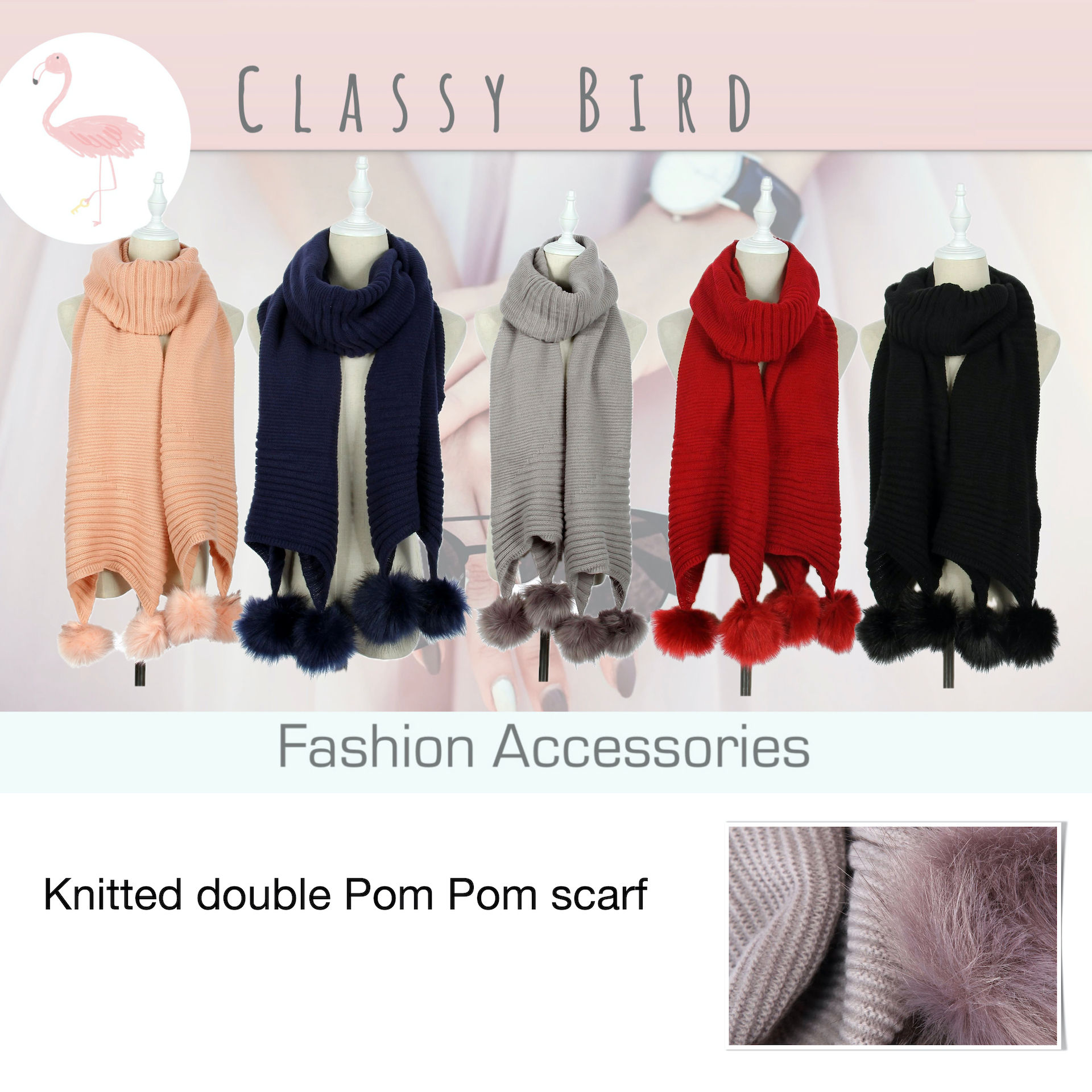 Plain Knitted Double Pom Pom Scarf