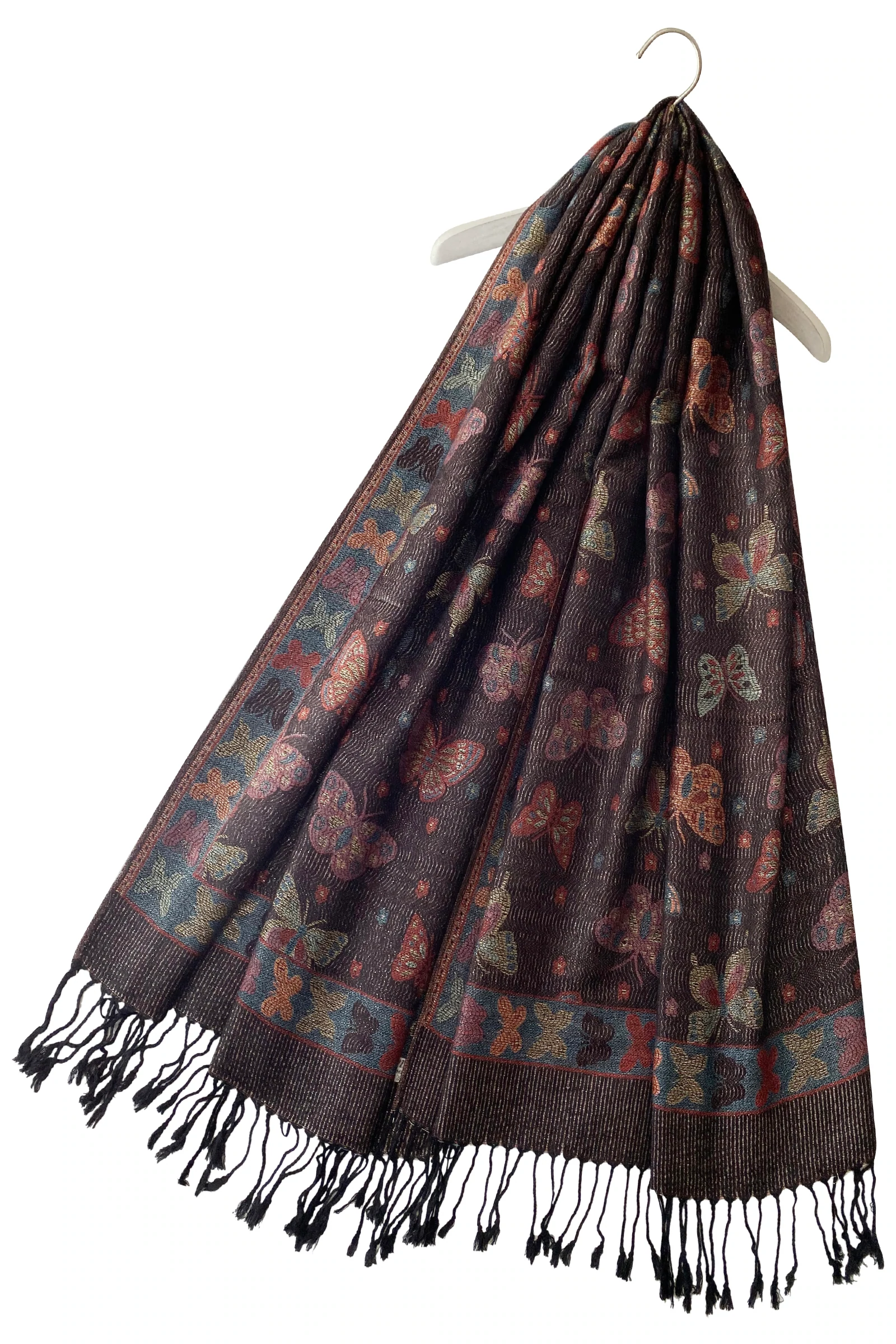 Metallic Thread Butterfly Print Tassel Pashmina/Scarf