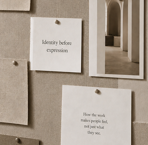 Neutral creative moodboard with pinned notes about identity, clarity, and connection