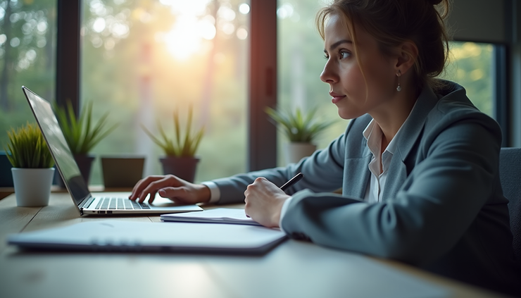 Eye-level view of a single employee working thoughtfully at a desk with a notebook and laptop