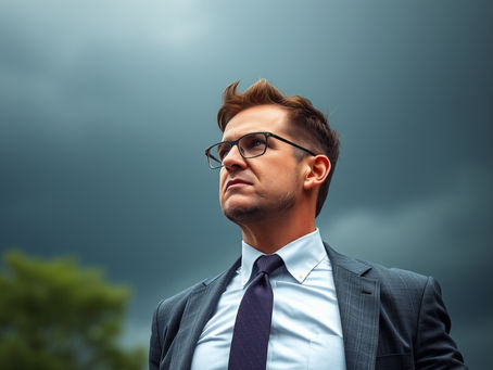 A resilient leader standing strong against stormy skies.