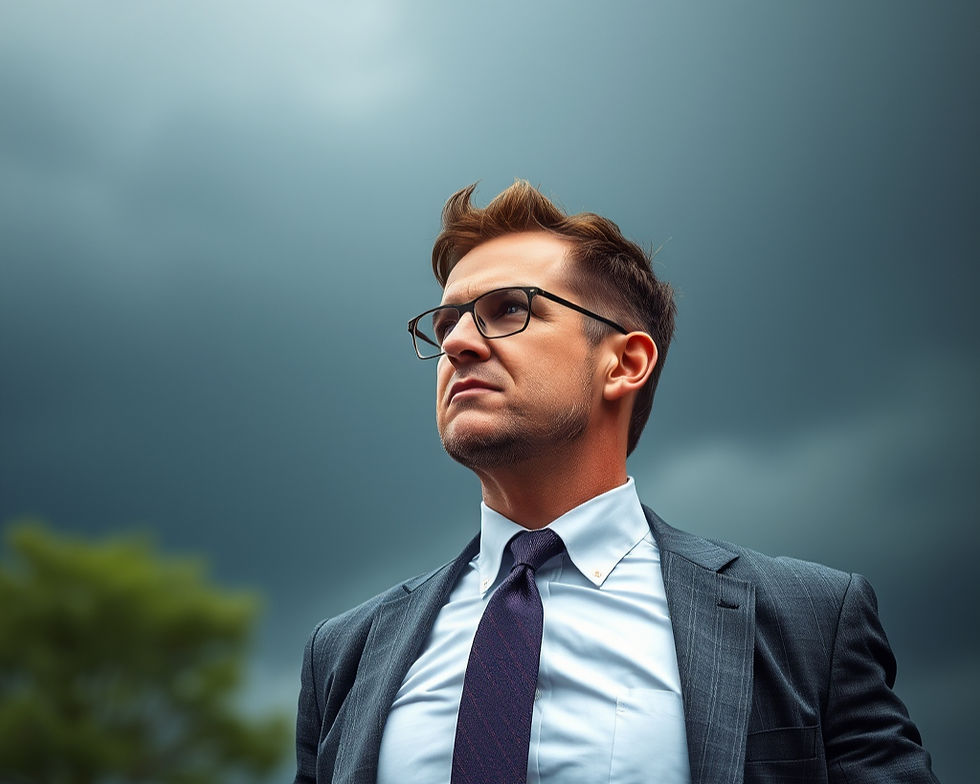 A resilient leader standing strong against stormy skies.