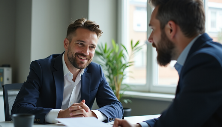 Eye-level view of a young professional attentively observing a mentor during a team discussion