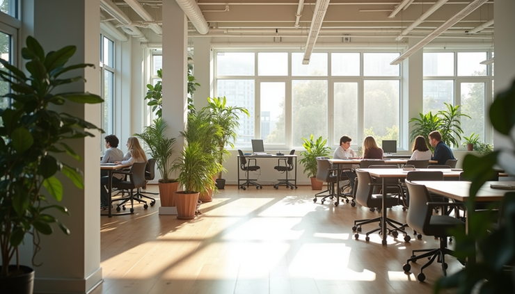 Eye-level view of a bright, open workspace with collaborative seating and plants