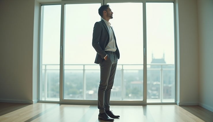 Eye-level view of a confident individual standing in a bright room, exuding calm and authority