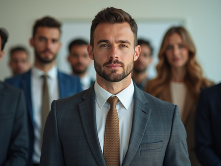A leader confidently addressing their team during a meeting