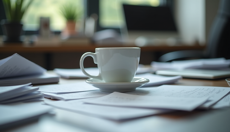 Eye-level view of a cluttered desk with scattered papers and a half-empty coffee cup, symbolizing workplace stress