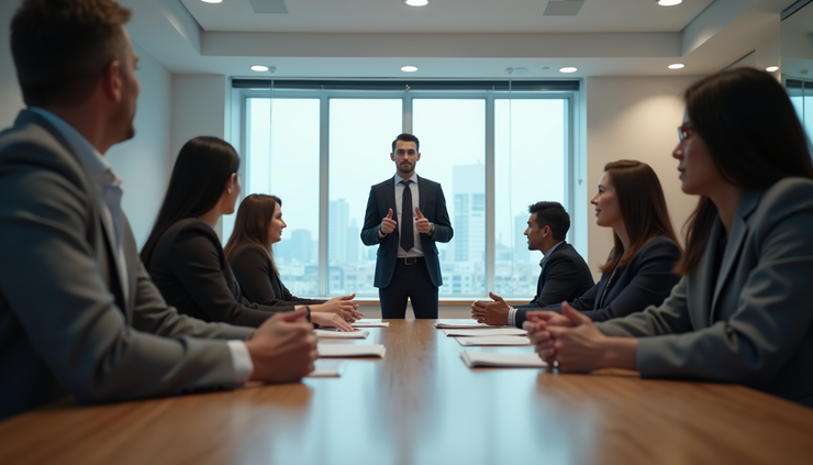 Eye-level view of a single leader standing apart from a group of team members in a meeting room
