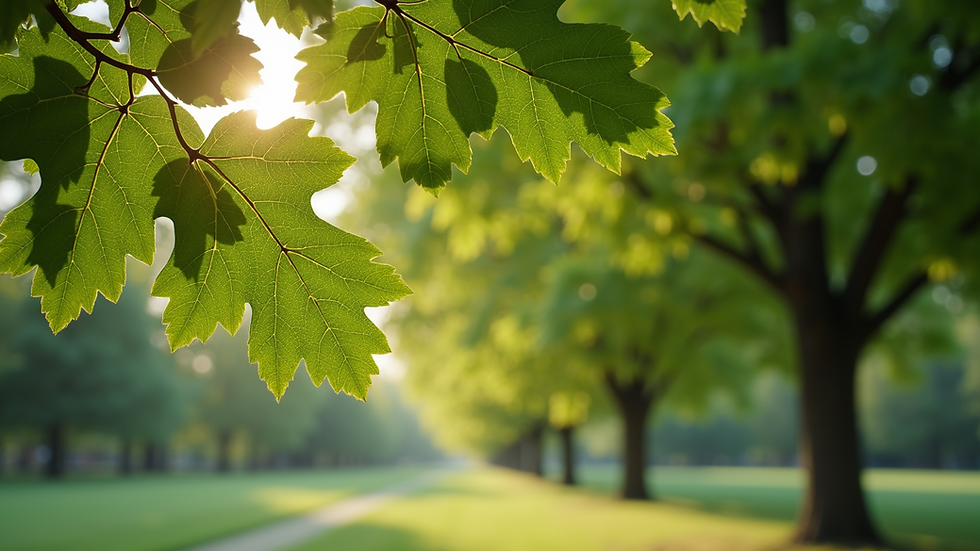 Eye-level view of a healthy oak tree with lush green leaves