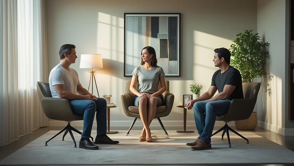 Divorce mediator sitting between a couple in a calm, modern office, guiding them through a constructive mediation session.