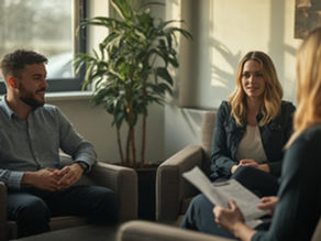 Couple meeting with a divorce mediator to discuss peaceful solutions and create a cooperative divorce plan.