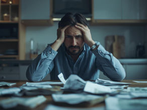 A distressed man sits at a kitchen table surrounded by bills and paperwork, symbolizing financial and emotional regrets after divorce.