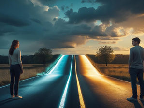 A young couple stands apart at a dramatic crossroads where the road splits into two glowing paths, symbolizing the choice between litigation and mediation in divorce.