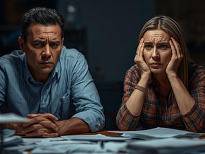 A frustrated couple surrounded by bills and legal documents, showing the emotional and financial toll of delaying divorce decisions — a reminder that waiting until January only prolongs the stress.