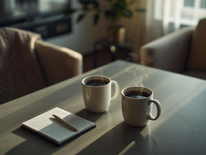 Two steaming coffee mugs beside a notepad and pen on a kitchen table, suggesting a private, meaningful conversation.