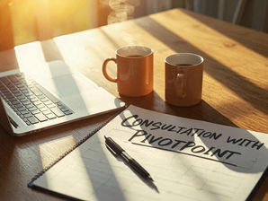 Open laptop and two coffee mugs on a wooden table with a notepad titled “Consultation with PivotPoint,” symbolizing calm, approachable divorce mediation consultations.