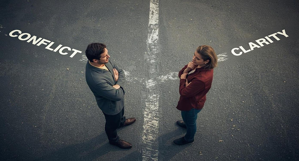 A man and woman standing at a crossroads labeled “Conflict” and “Clarity,” symbolizing the choice between litigation and an amicable divorce through mediation.