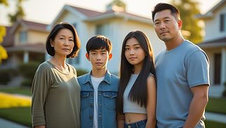 Create a realistic photograph of a divorced Asian mother and father, each with a calm, neu