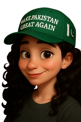 An AI-generated 3D character wears a dark green MAKE PAKISTAN GREAT AGAIN HAT