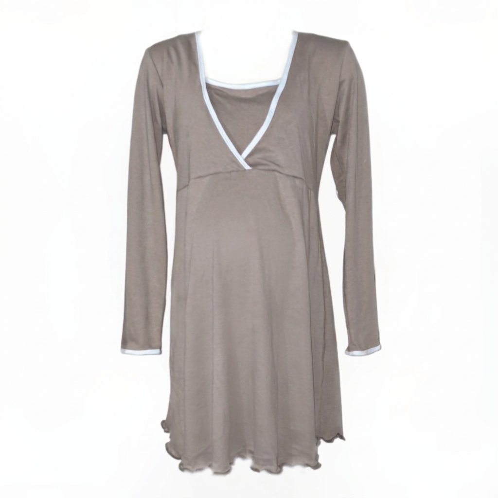 Camisa dormir maternal y lactancia, manga Larga, Color Taupe