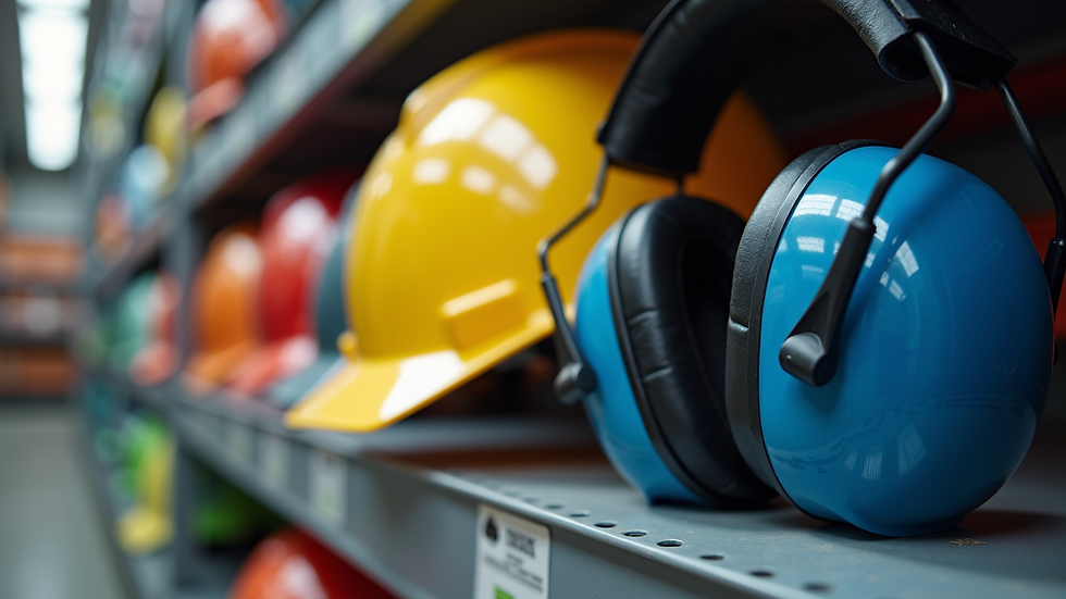 Eye-level view of a safety helmet and ear protection gear on a shelf