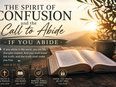 "The Spirit of Confusion and the Call to Abide blog graphic featuring an open Bible at sunrise and the scripture John 8:31-32 about abiding in God's Word."