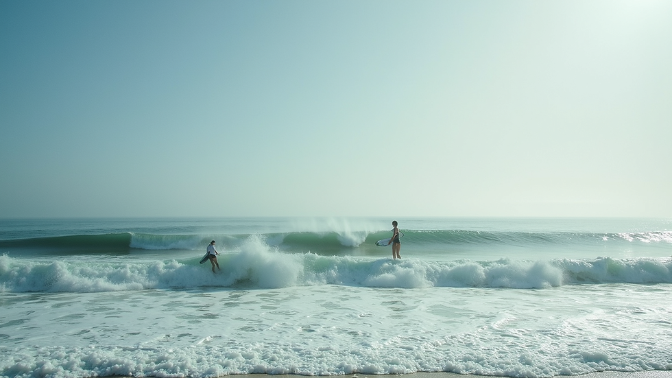 Wide angle view of surfers riding waves at El Tunco beach