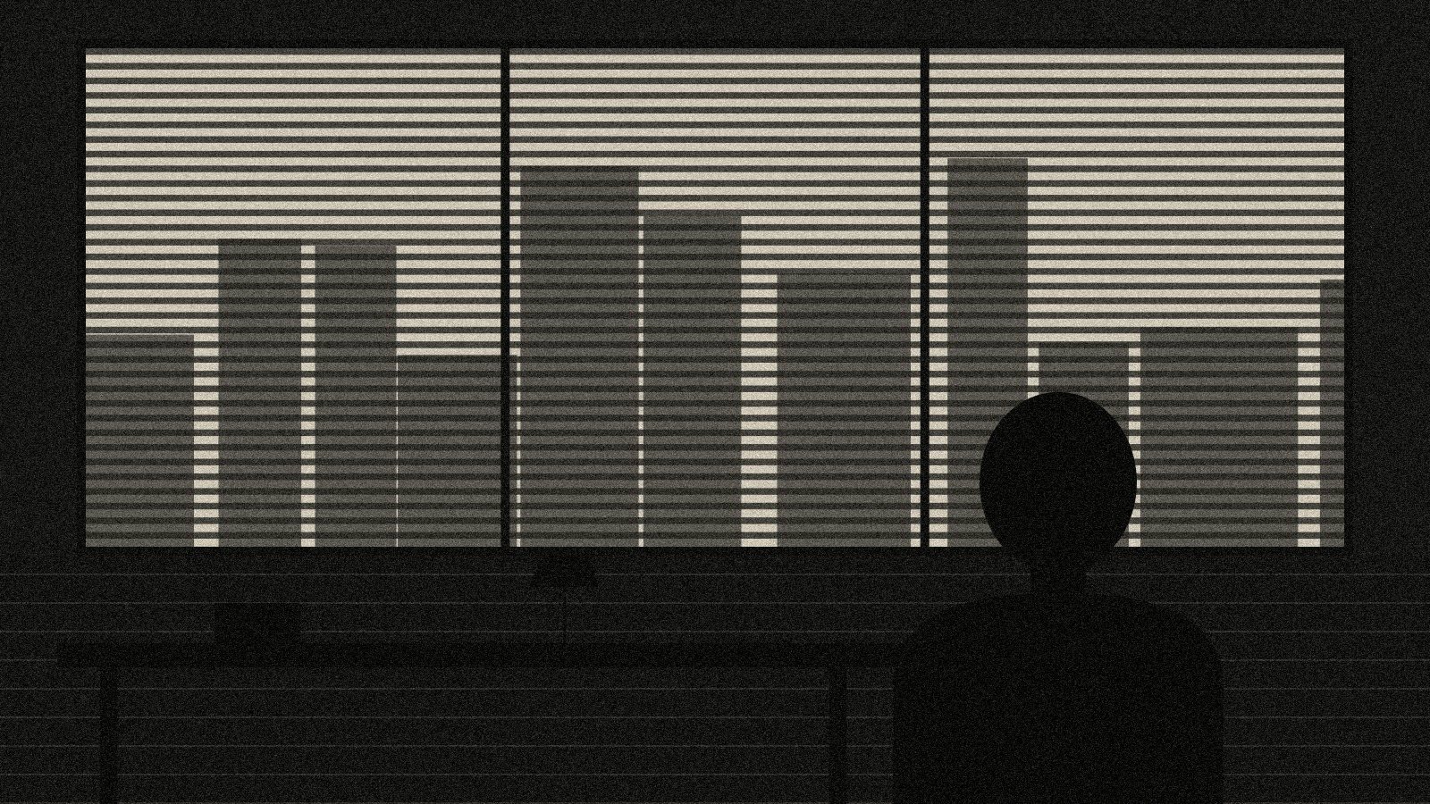 Ilustración: una persona de espaldas frente a una ventana con persianas y la ciudad al fondo.