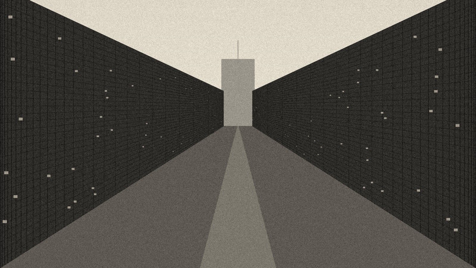Ilustración: una avenida entre rascacielos en perspectiva.