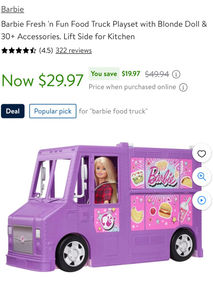 Barbie Fresh 'n Fun Food Truck Playset with Blonde Doll & 30+ Accessories. Lift Side for Kitchen