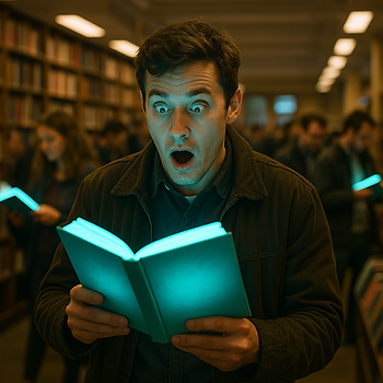 A man looks amazed at a glowing book in a library. Others in the background also hold similar books. Warm lighting, shelves filled with books.