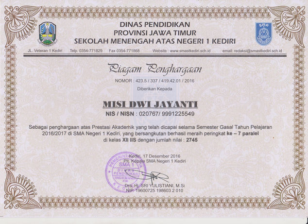 Misi DJ_Award Recognition as the 7th Parallel Rank Student at Senior High School 1 Kediri (Odd Semester 2016/2017 in Social Sciences Major)