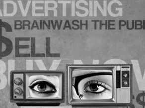 Imagem retrô com televisores e olhos nas telas e palavras atrás de advertising, buy, $ell, $$$.