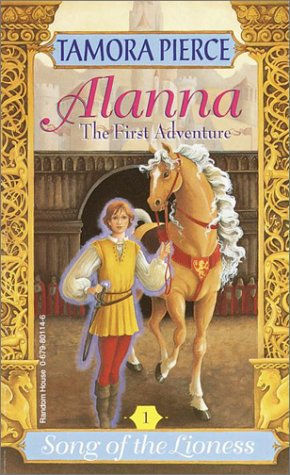 Cover of the first edition of Alanna: The First Adventure. An illustration of a young, redheaded woman dressed as a boy, holding the reigns of a horse.
