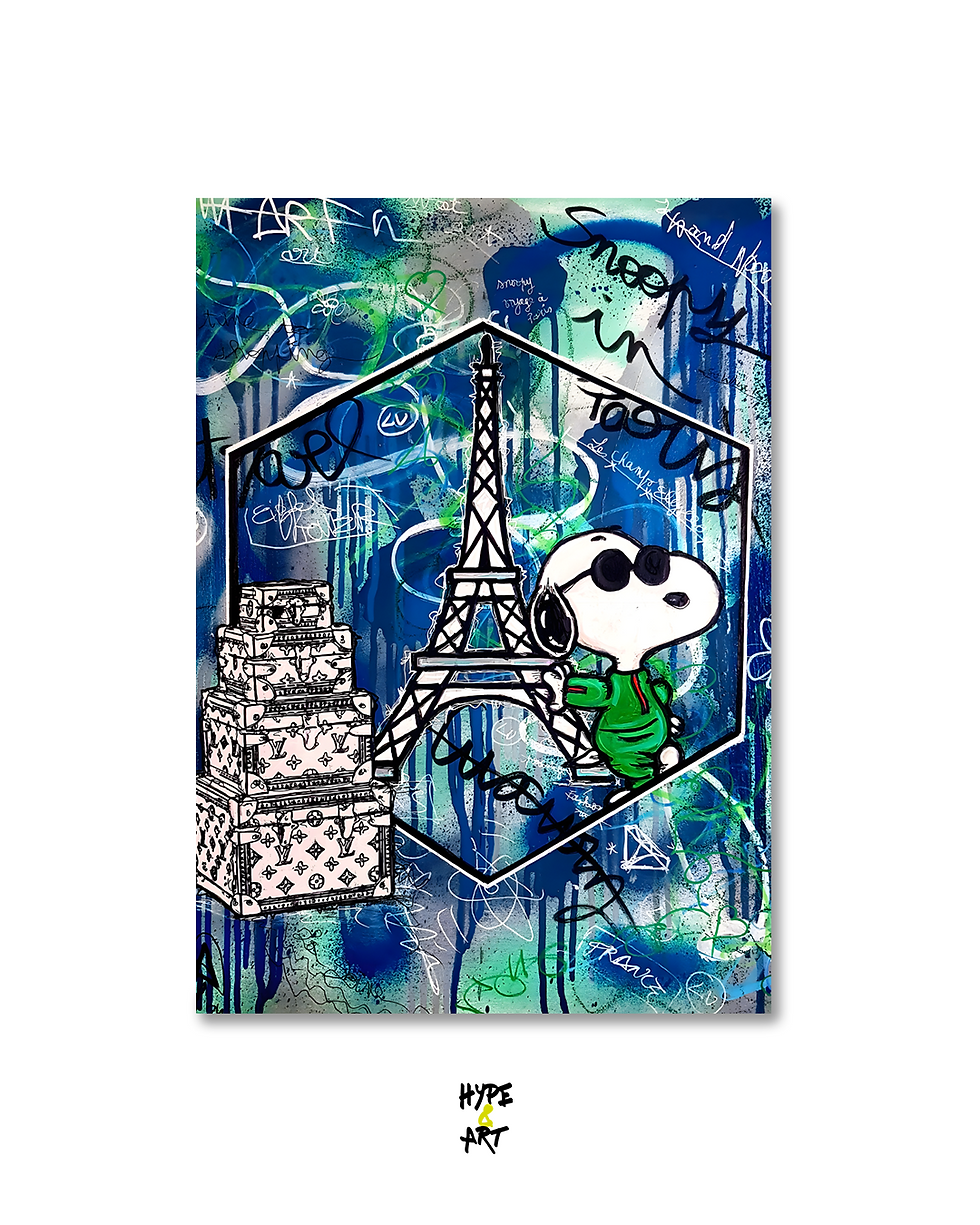 Snoopy con gafas de sol, Torre Eiffel y texto "Paris", fondo azul con detalles.