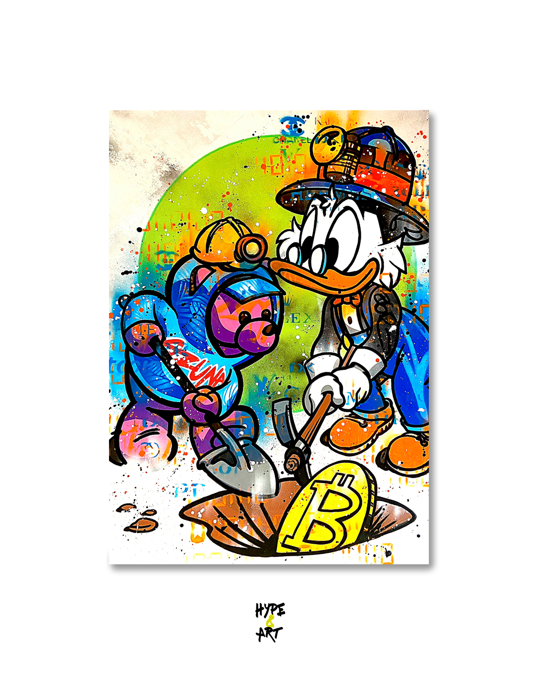 Donald excavando Bitcoin con un minero en pintura colorida, artista KRM.