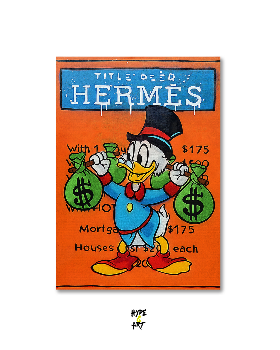 Scrooge McDuck con bolsas de dinero, texto Hermes título, naranja fondo, $175, $500.